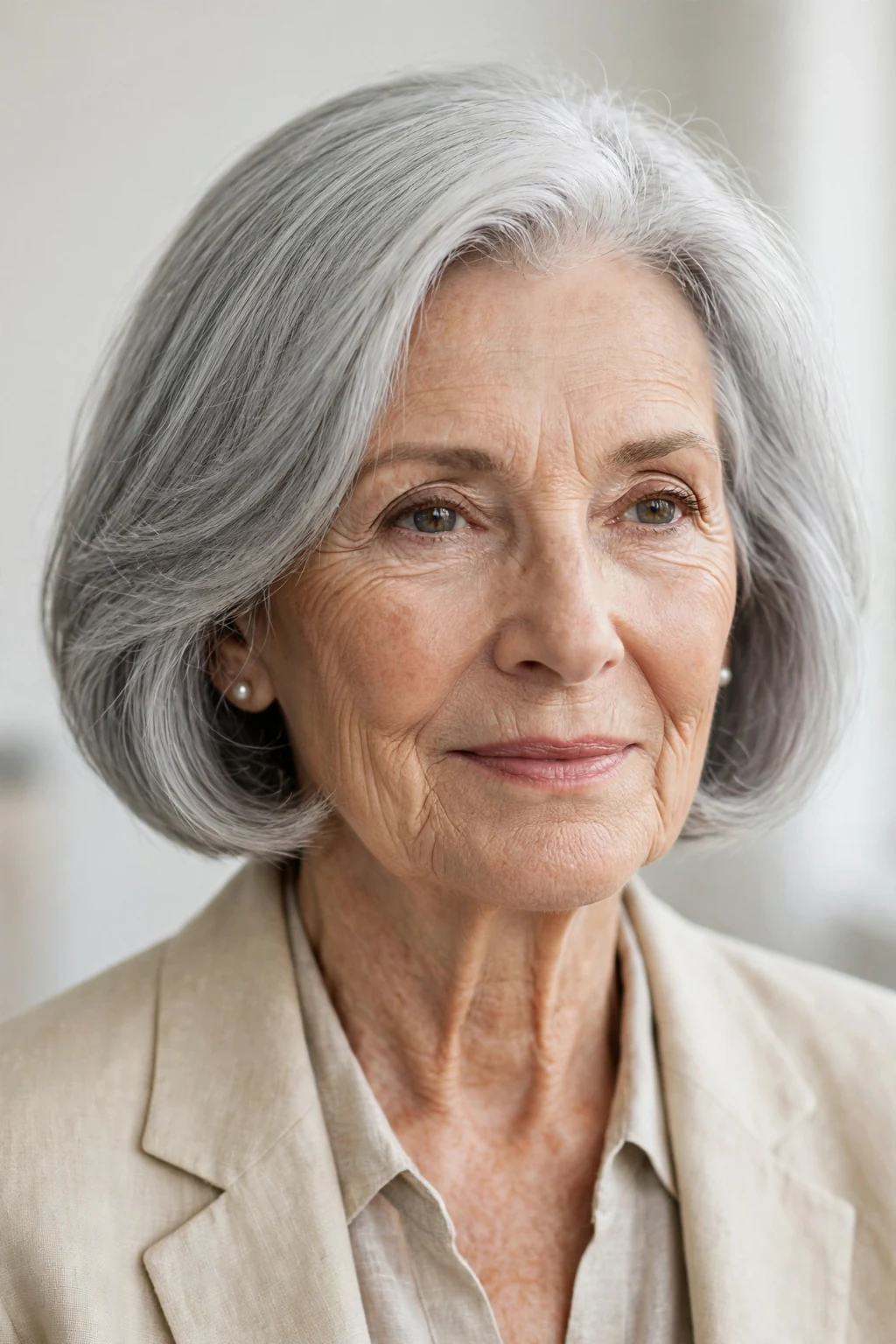 Elegant woman over 70 with natural gray bob, luminous silver texture, stunning light.
