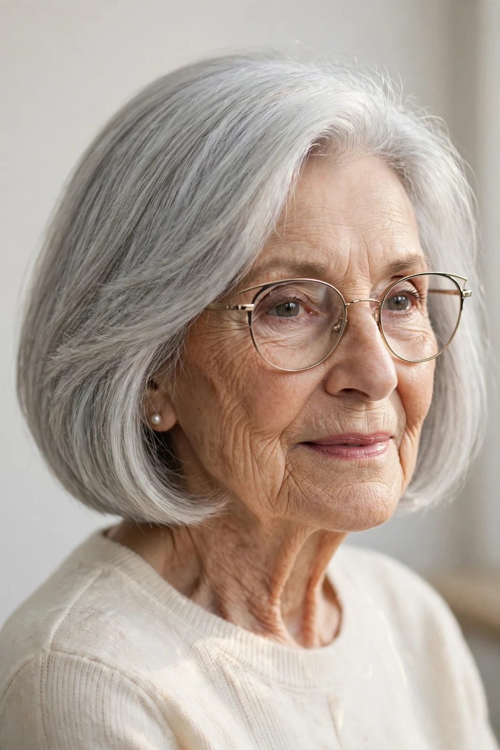 Elegant woman over 80 with glasses and natural gray bob, luminous silver texture, stunning light.