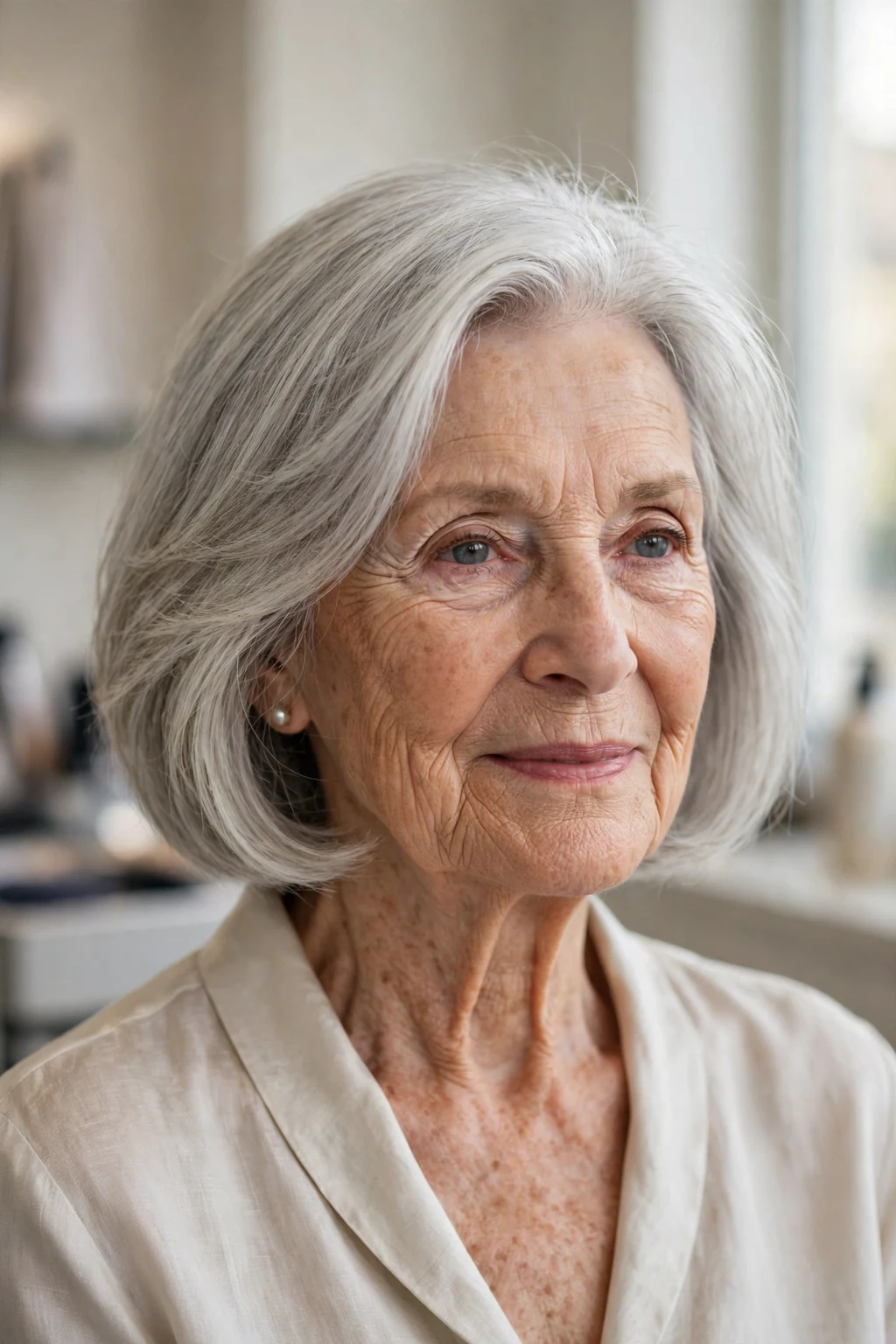 Elegant woman over 80 with natural gray bob, luminous silver texture, stunning light.
