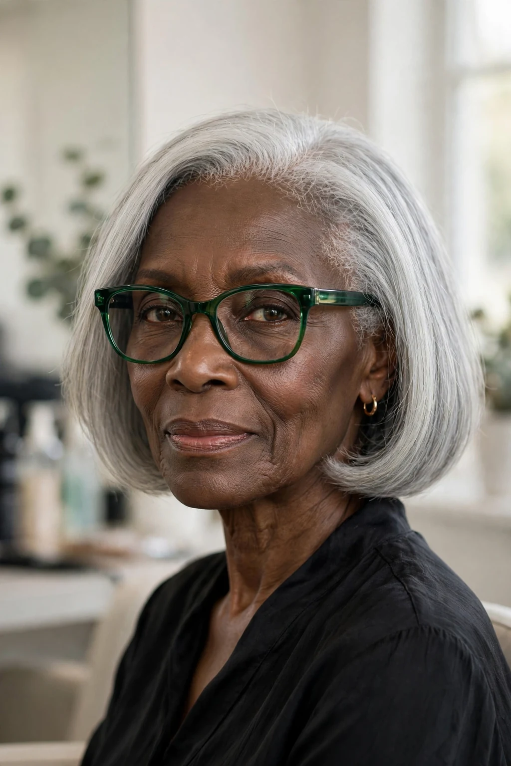 Elegant woman over 50 with fine hair and glasses and natural gray bob, luminous silver texture, stunning light.
