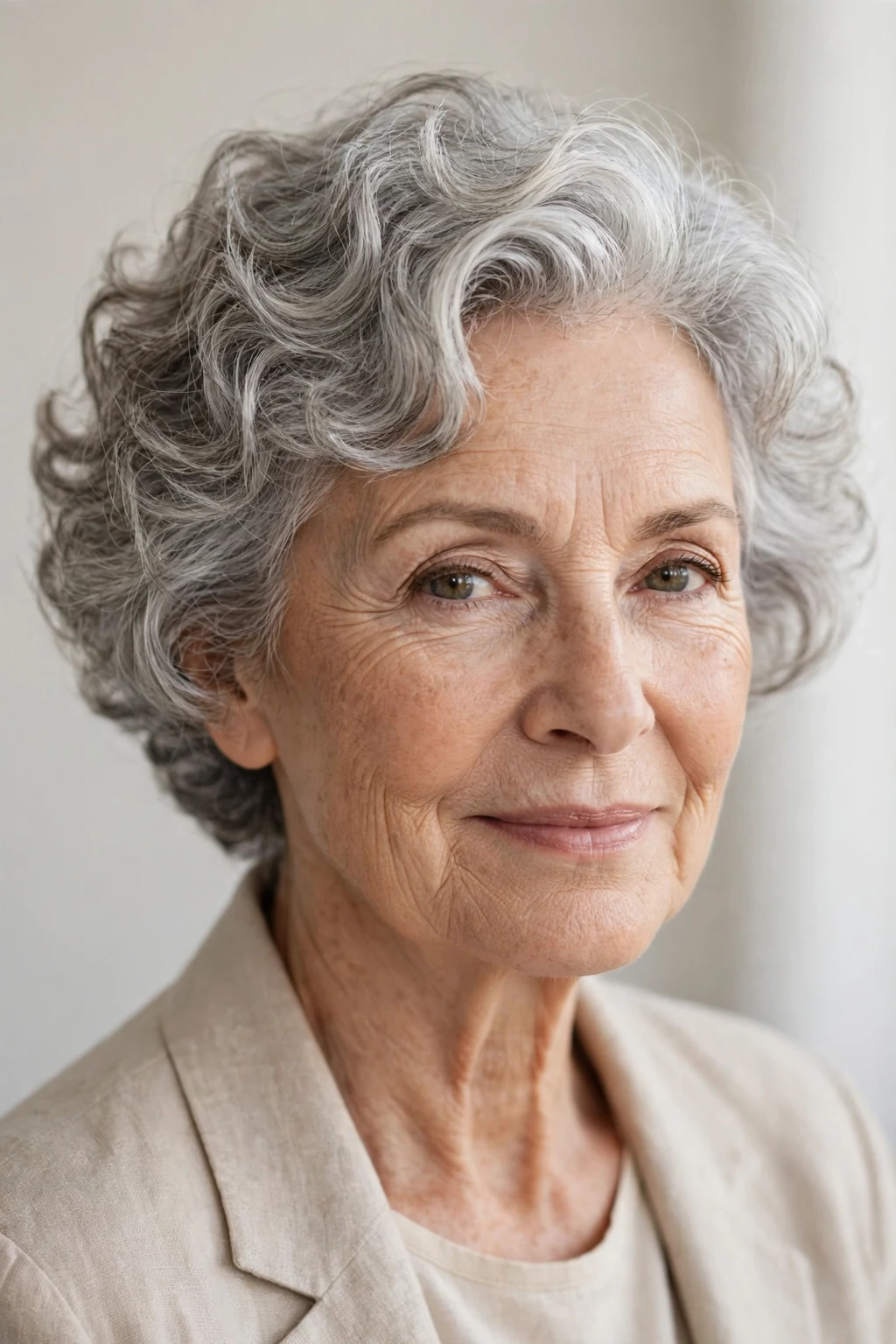 Elegant woman over 60 with natural gray curls, luminous silver texture, stunning light.