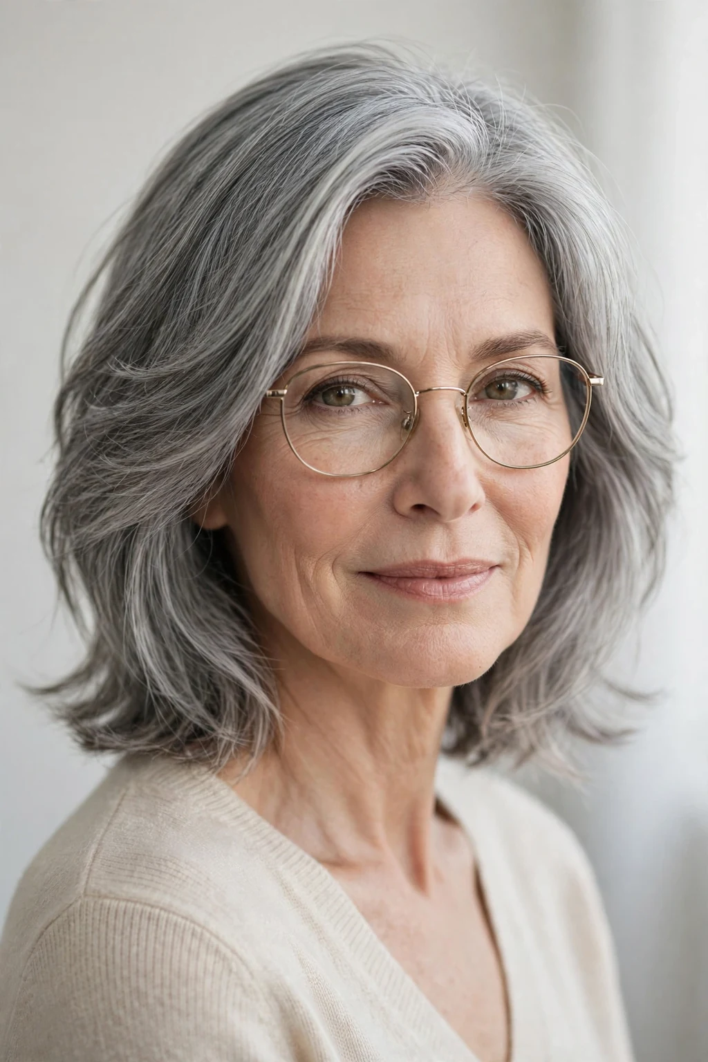 Elegant woman over 50 with glasses and natural gray medium cut, luminous silver texture, stunning light.