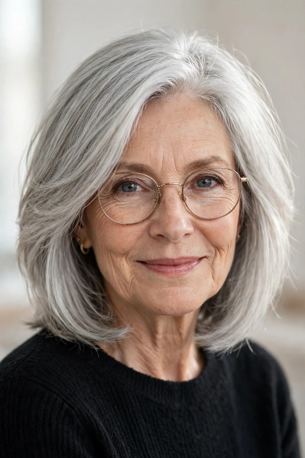 Elegant woman over 60 with glasses and natural gray medium cut, luminous silver texture, stunning light.