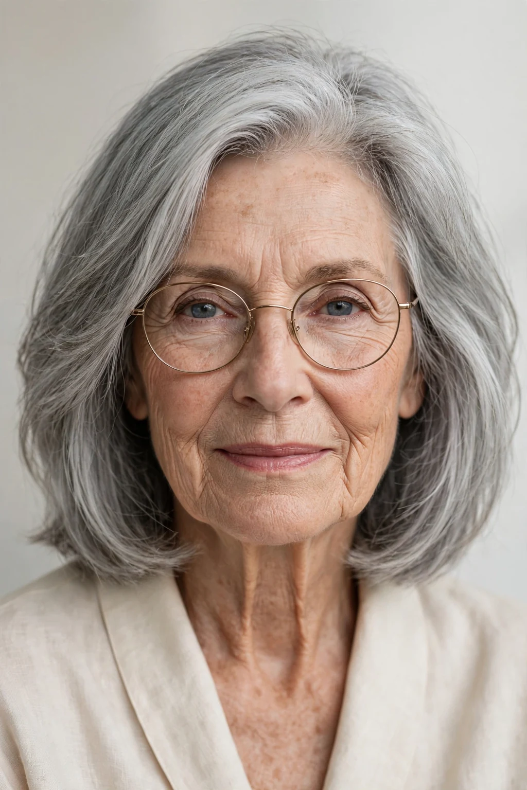 Elegant woman over 70 with glasses and natural gray medium cut, luminous silver texture, stunning light.