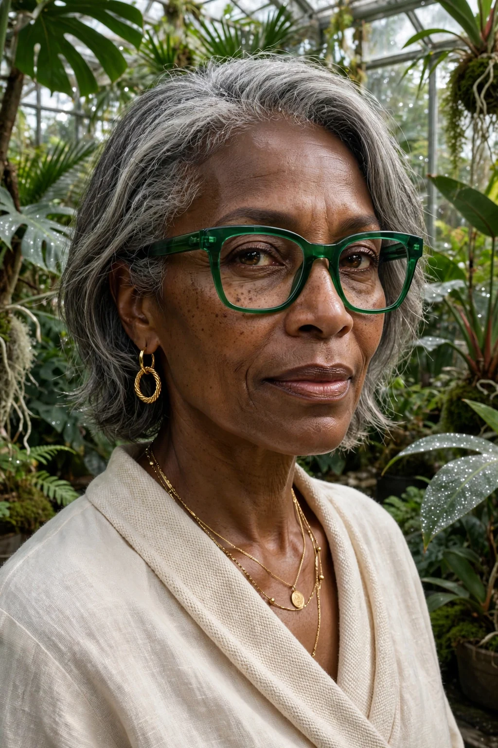 Elegant older woman over 50 with fine hair and glasses and natural gray medium cut, luminous silver texture, stunning light.