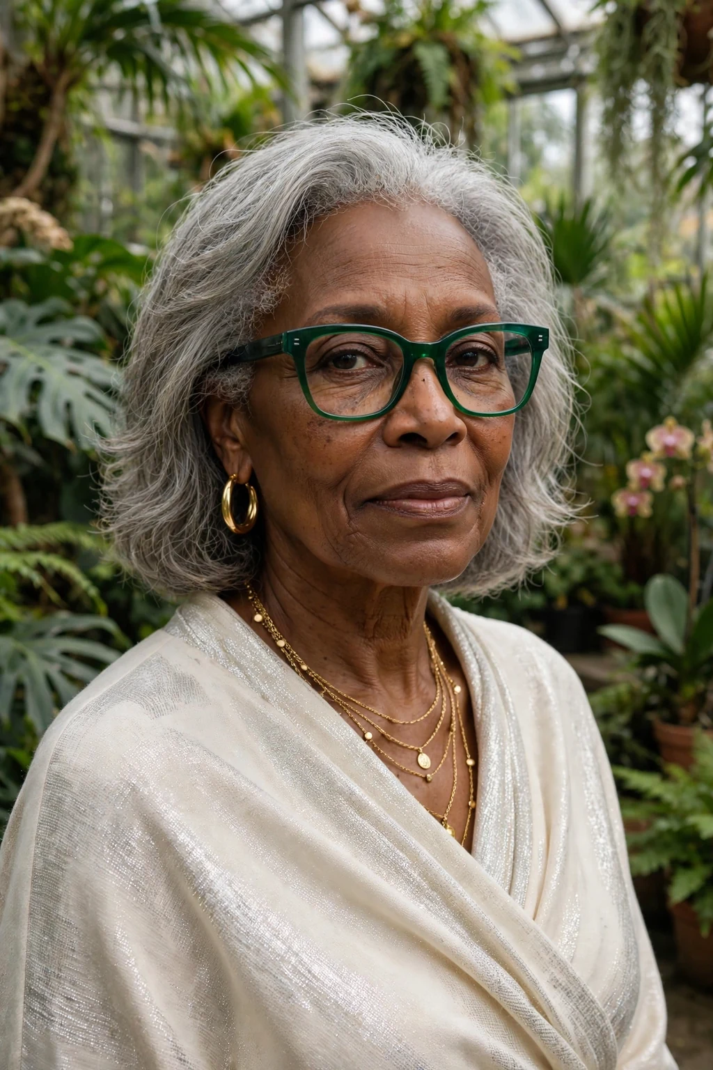 Elegant woman over 60 with fine hair and glasses and natural gray medium cut, luminous silver texture, stunning light.