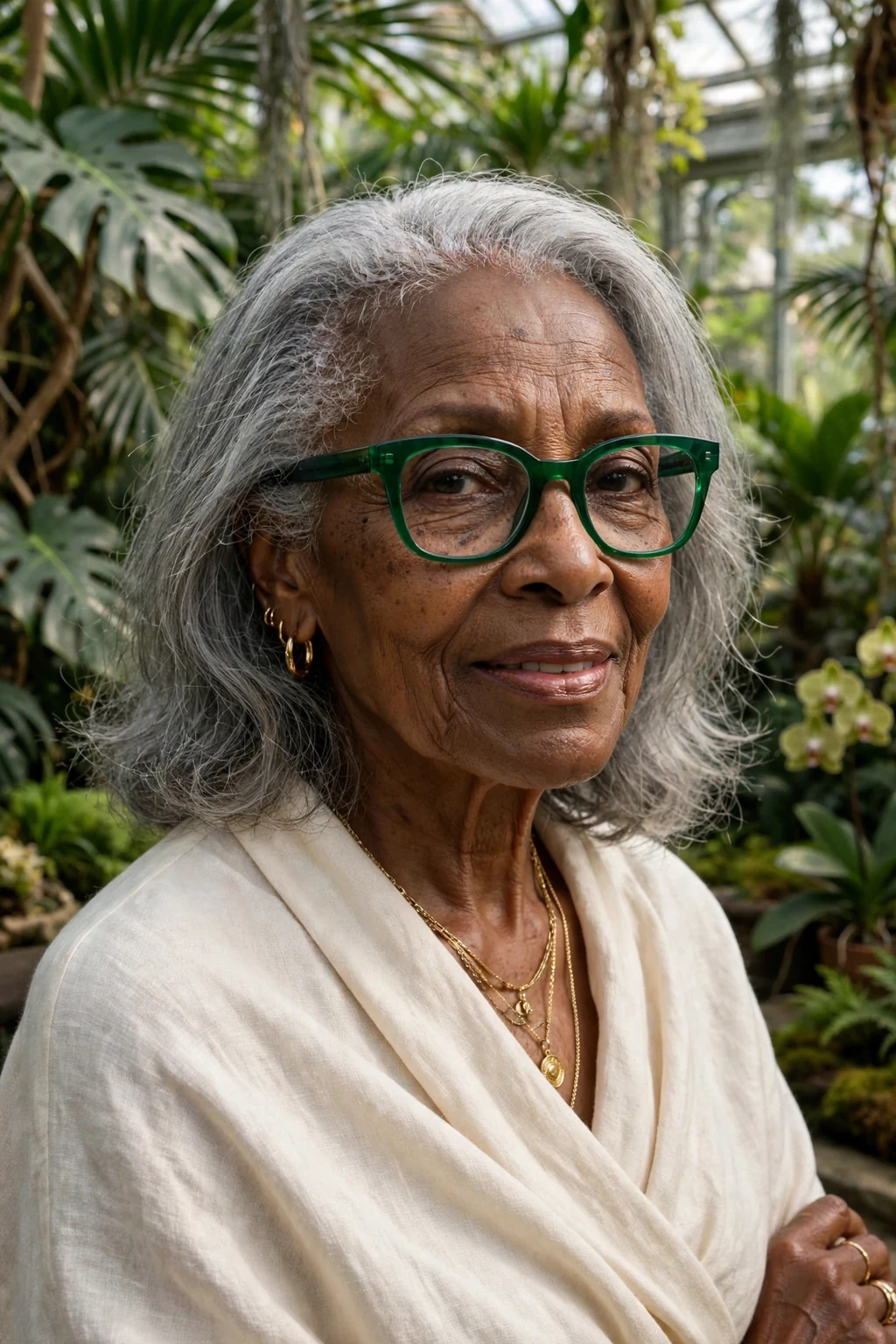 Elegant older woman over 70 with fine hair and glasses and natural gray medium cut, luminous silver texture, stunning light.