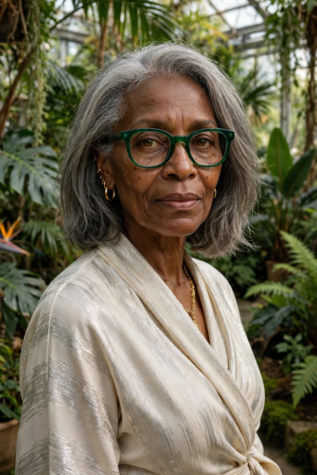 Elegant woman over 60 with fine hair and glasses and natural gray medium cut, luminous silver texture, stunning light.