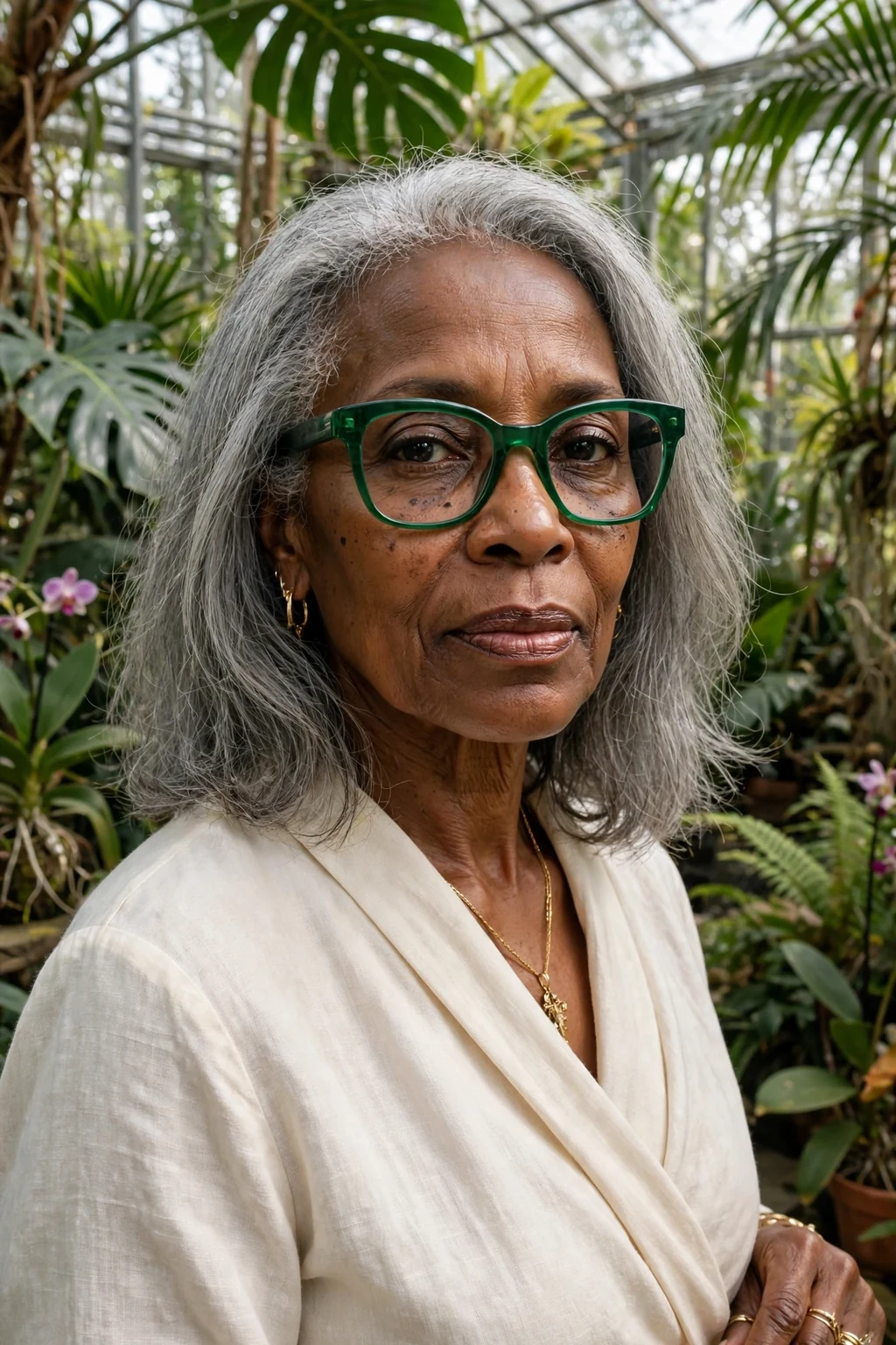 Elegant woman over 60 with fine hair and glasses and natural gray medium cut, luminous silver texture, stunning light.