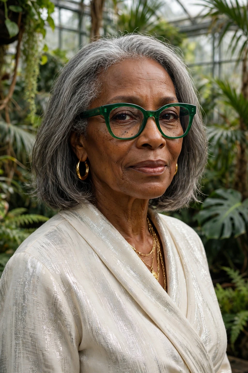 Elegant older woman with fine hair and glasses and natural gray medium cut, luminous silver texture, stunning light.