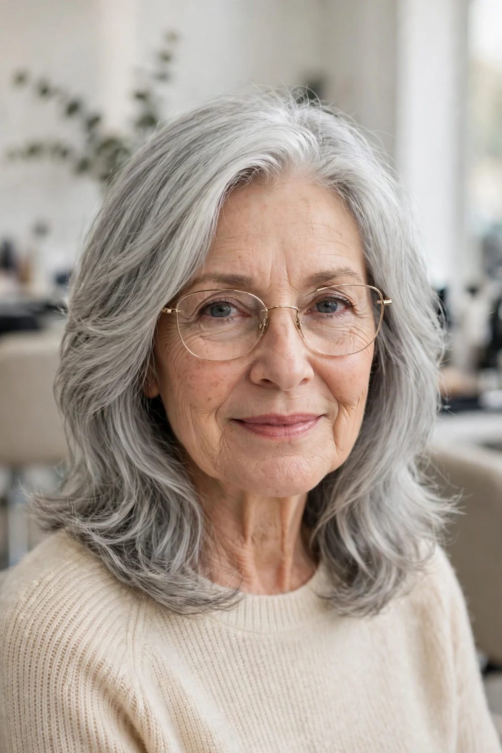 Elegant older woman with glasses and natural gray medium cut, luminous silver texture, stunning light.
