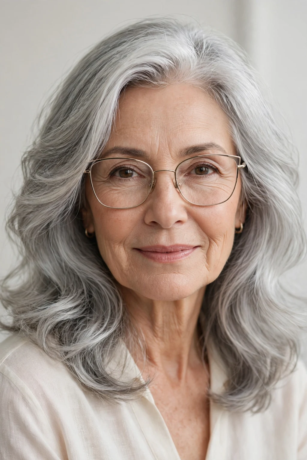 Elegant woman over 60 with glasses and natural gray medium-length hair, luminous silver flow, stunning light.