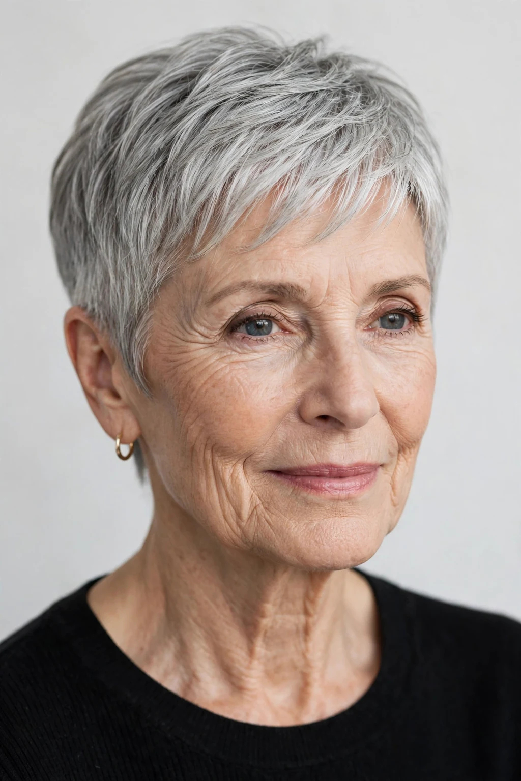 Elegant woman over 60 with natural gray pixie, luminous silver texture, stunning light.