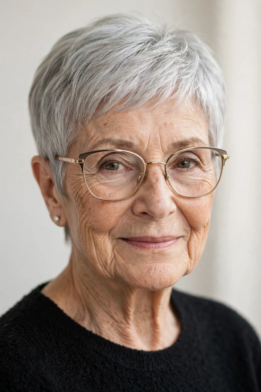 Elegant woman over 70 with glasses and natural gray pixie, luminous silver texture, stunning light.