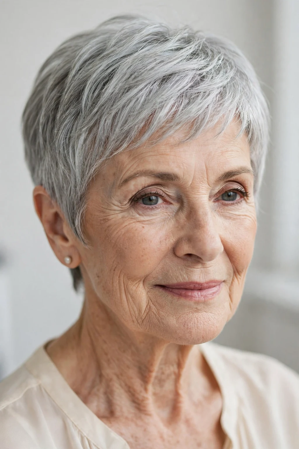 Elegant woman over 70 with natural gray pixie, luminous silver texture, stunning light.