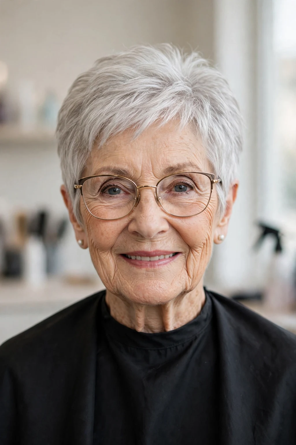 Elegant woman over 80 with glasses and natural gray pixie, luminous silver texture, stunning light.