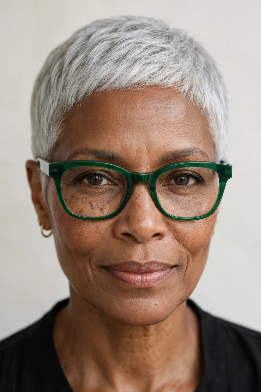 Elegant woman over 50 with fine hair and glasses and natural gray pixie, luminous silver texture, stunning light.