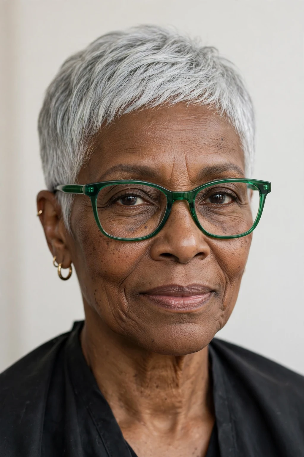 Elegant older woman with fine hair and glasses and natural gray pixie, luminous silver texture, stunning light.