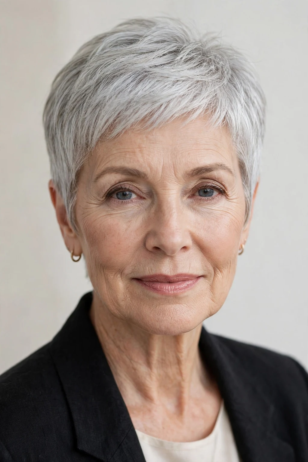 Elegant older woman with natural gray pixie, luminous silver texture, stunning light.