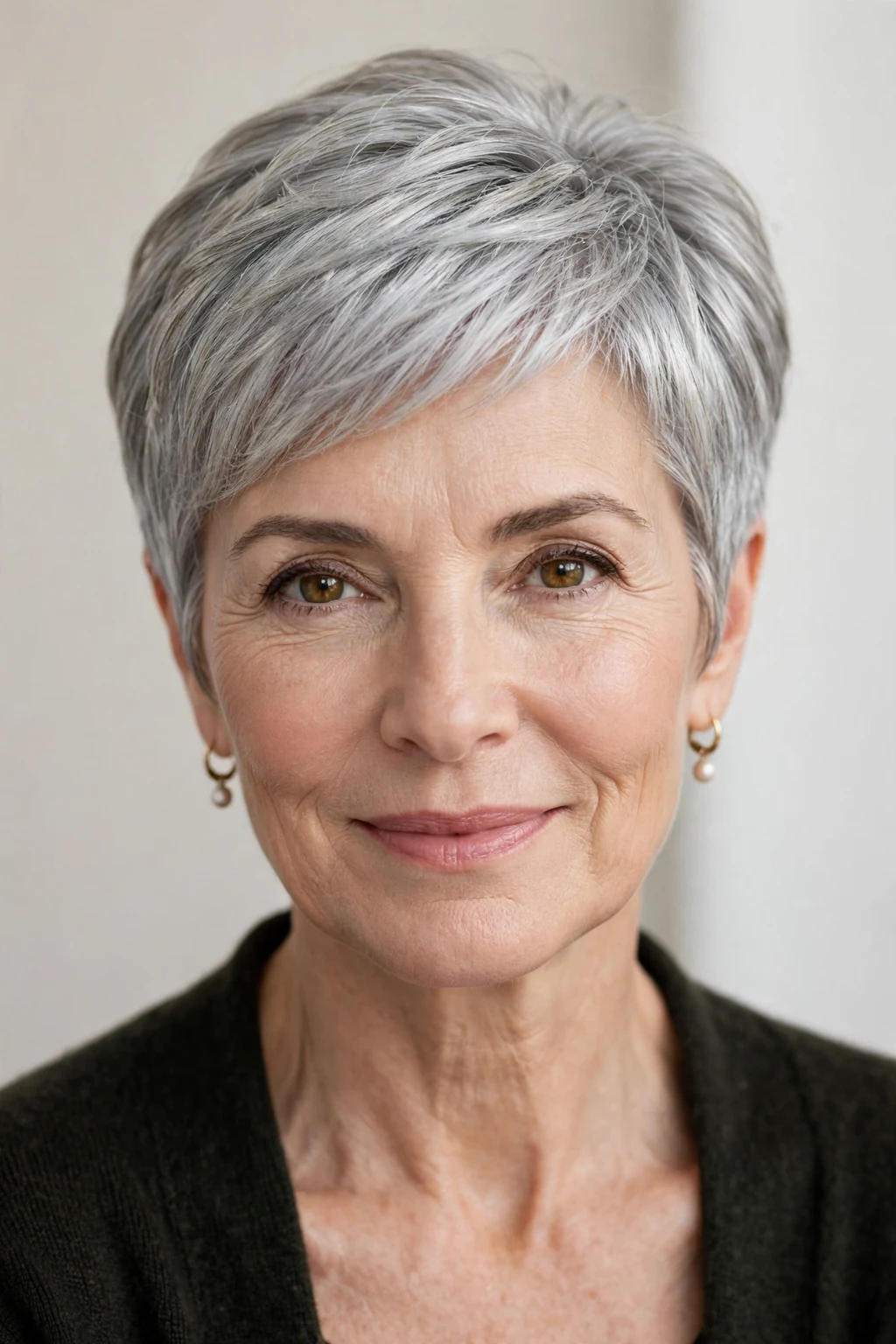 Elegant woman over 50 with natural gray short cut, luminous silver texture, stunning light.