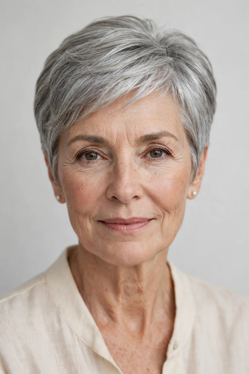 Elegant woman over 60 with natural gray short cut, luminous silver texture, stunning light.