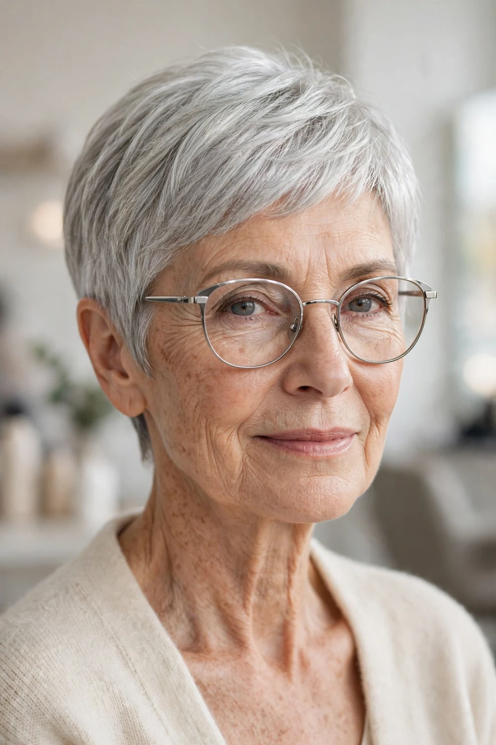 Elegant woman over 70 with glasses and natural gray short cut, luminous silver texture, stunning light.