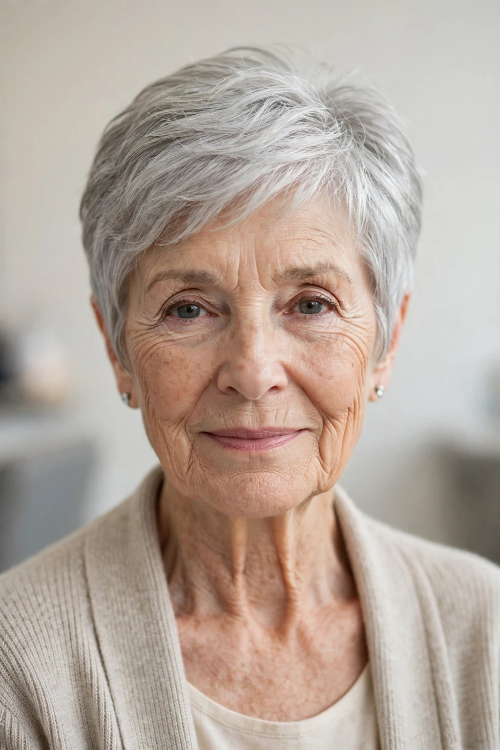 Elegant woman over 70 with natural gray short cut, luminous silver texture, stunning light.