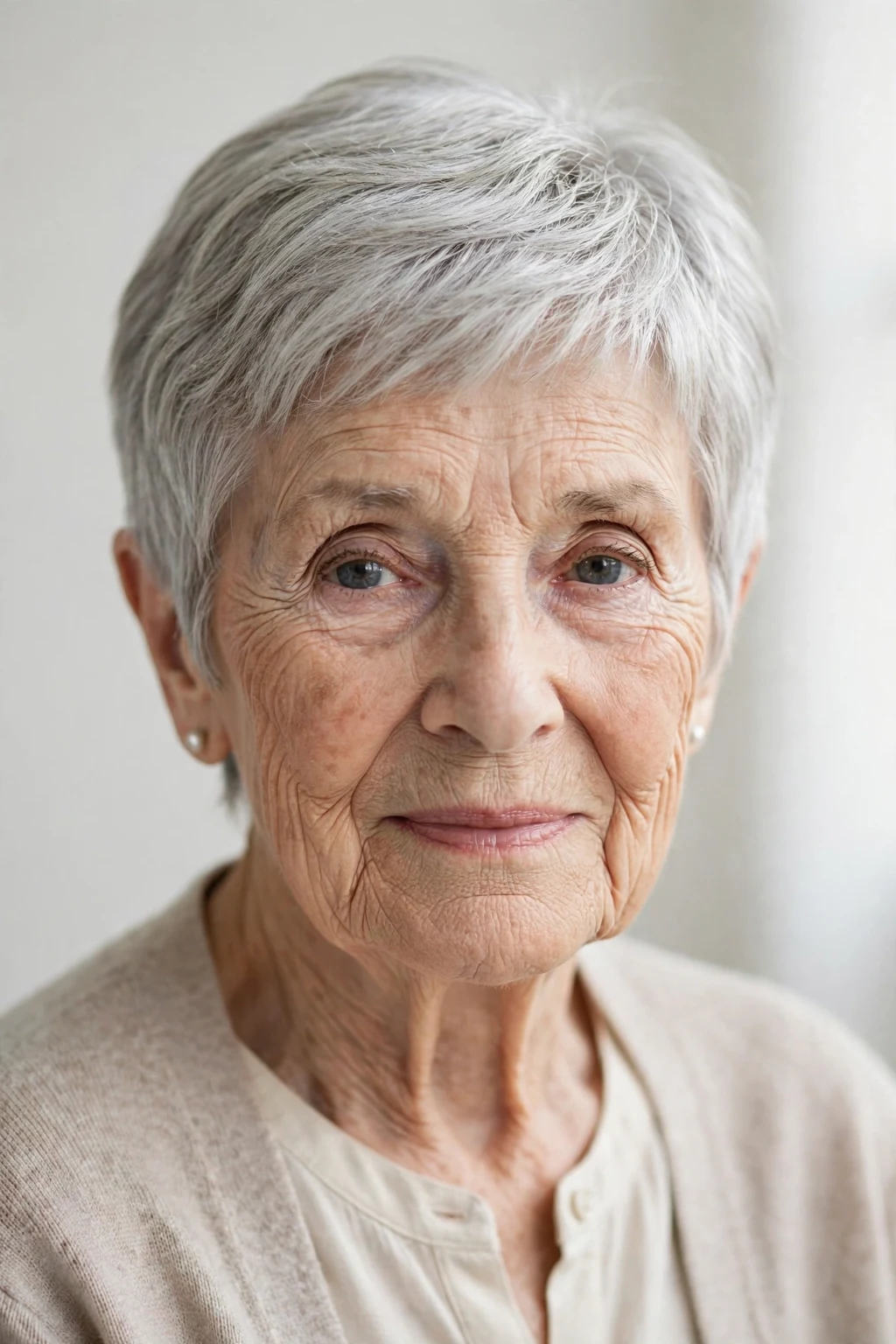 Elegant woman over 80 with natural gray short cut, luminous silver texture, stunning light.