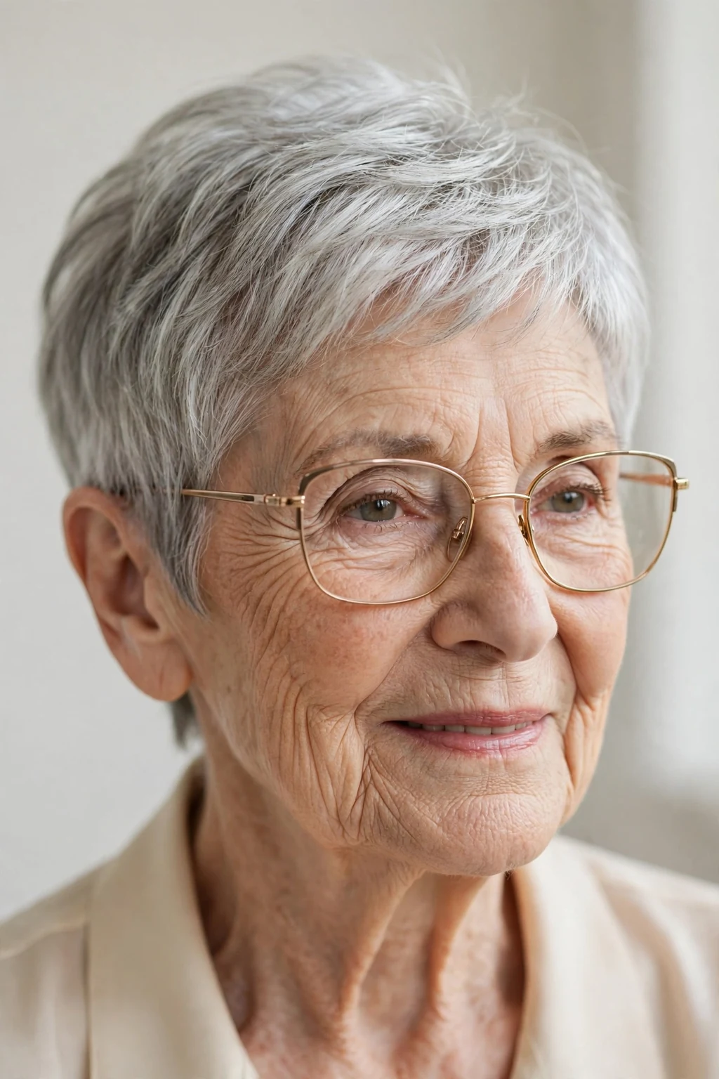 Elegant woman over 80 with glasses and natural gray short cut, luminous silver texture, stunning light.