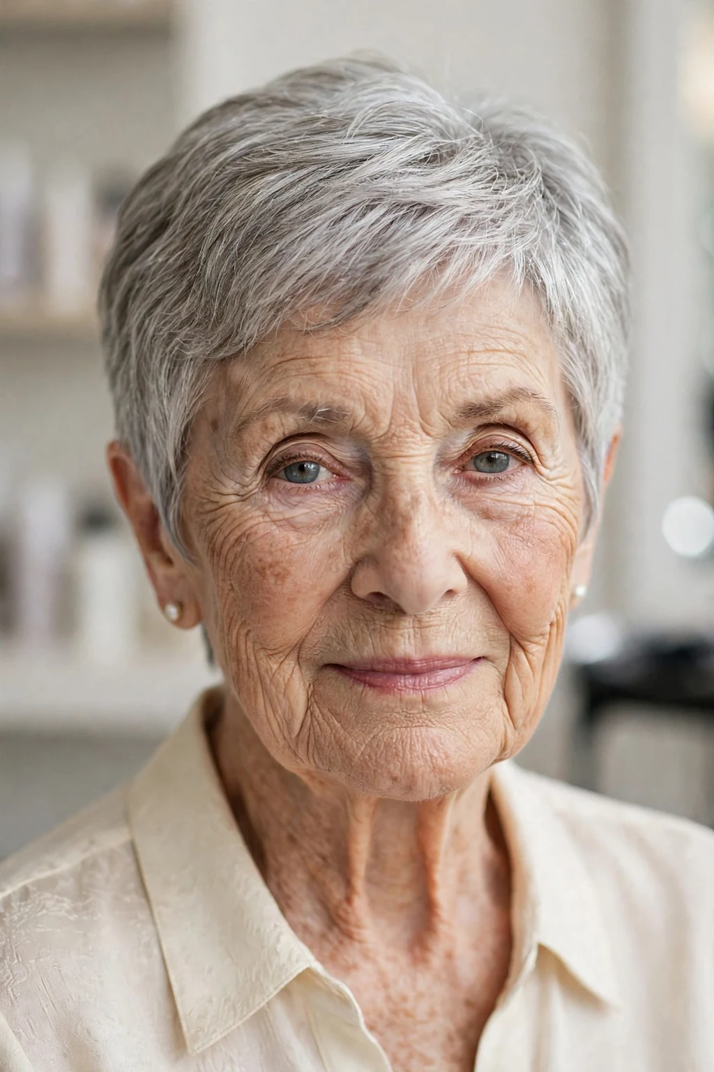 Elegant woman over 80 with natural gray short cut, luminous silver texture, stunning light.