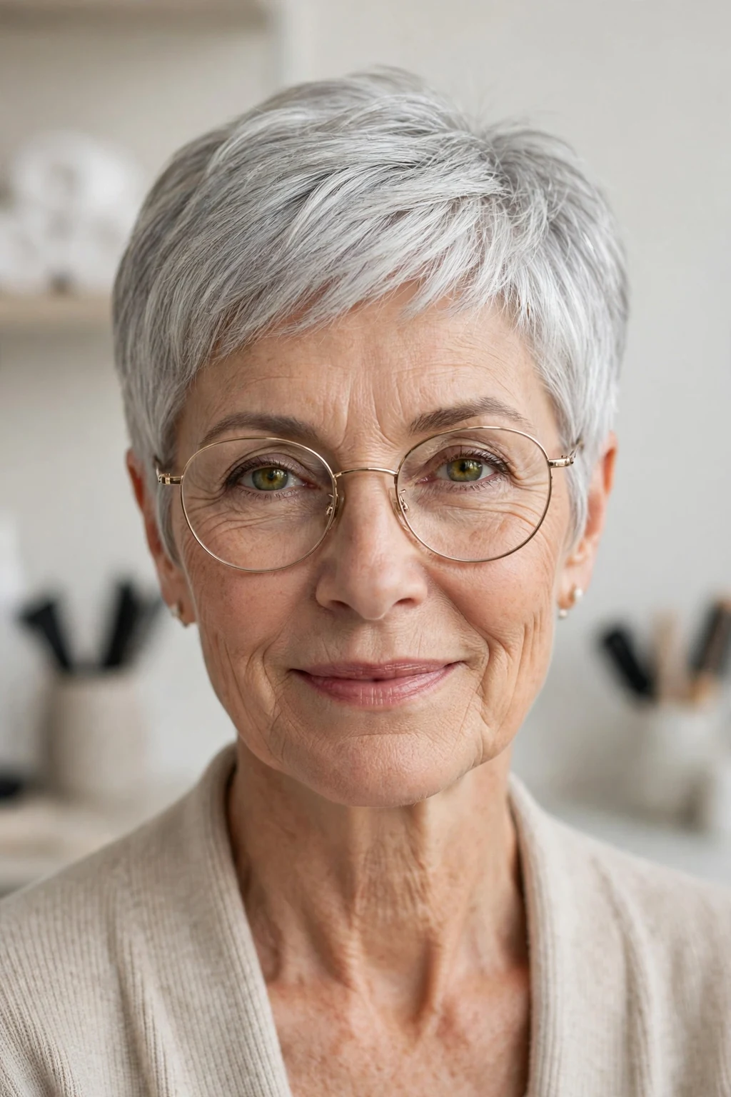 Elegant woman over 50 with glasses and natural gray short cut, luminous silver texture, stunning light.