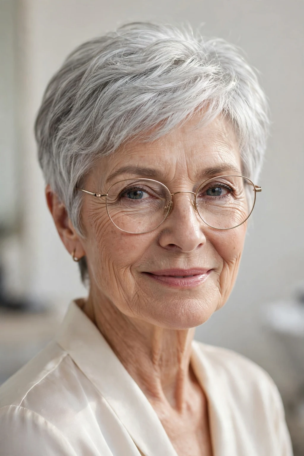 Elegant woman over 60 with glasses and natural gray short cut, luminous silver texture, stunning light.