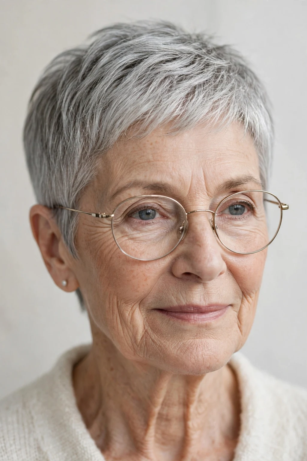 Elegant woman over 70 with glasses and natural gray short cut, luminous silver texture, stunning light.