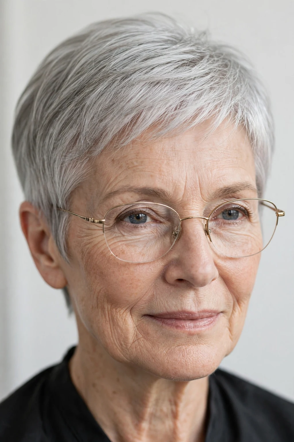Elegant woman over 60 with fine hair and glasses and natural gray short cut, luminous silver texture, stunning light.