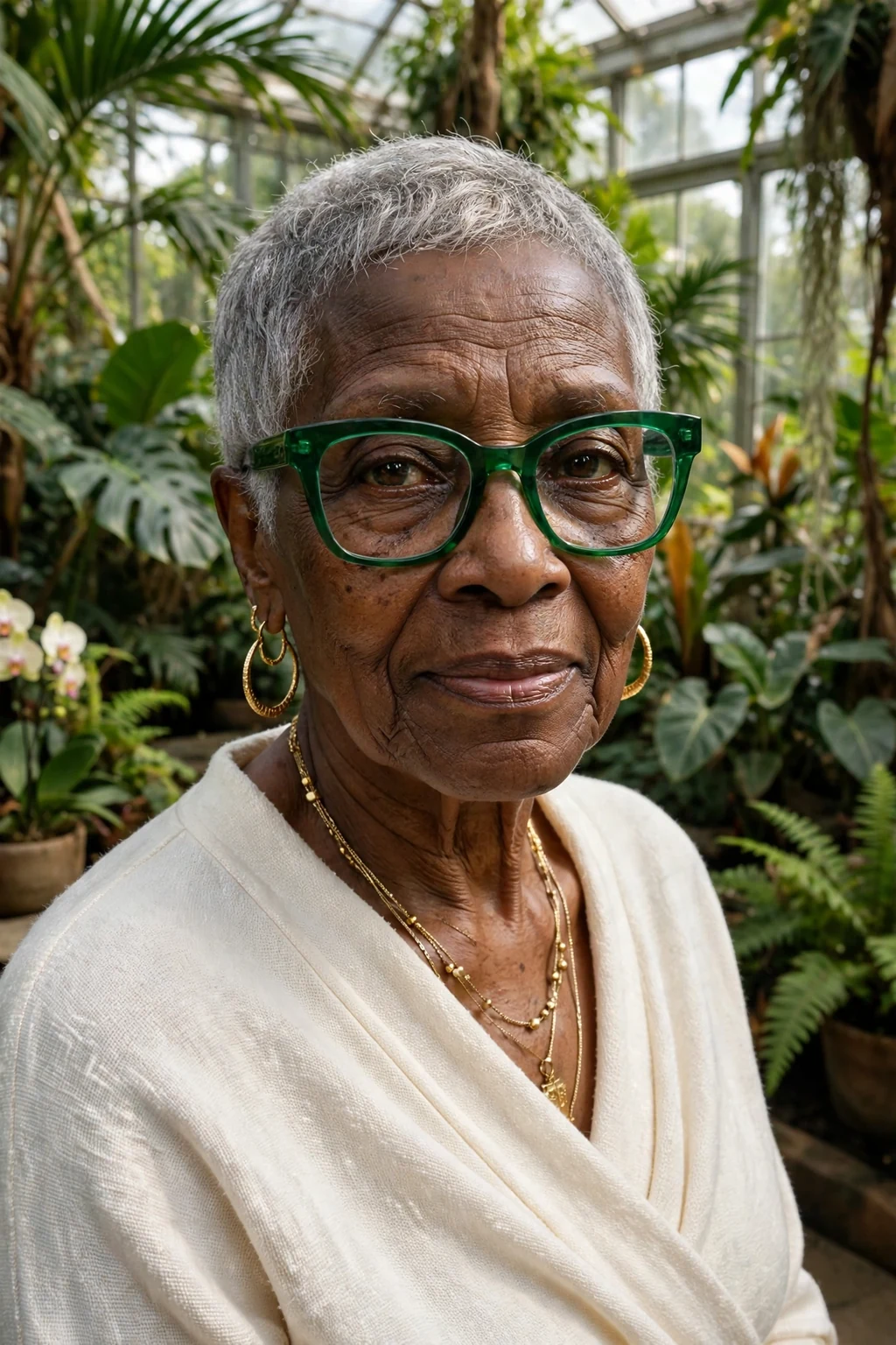 Elegant older woman over 70 with fine hair and glasses and natural gray short cut, luminous silver texture, stunning light.
