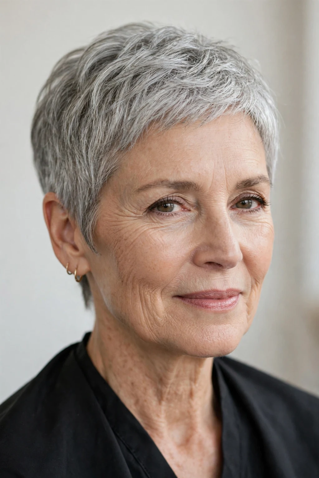 Elegant older woman over 50 with natural gray short cut, luminous silver texture, stunning light.