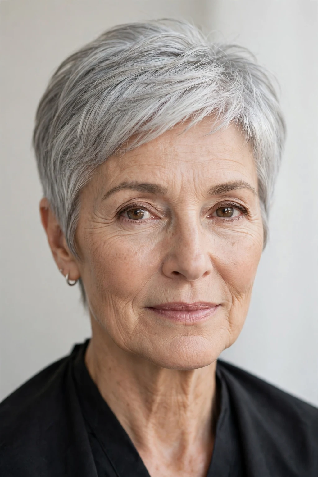 Elegant older woman over 60 with natural gray short cut, luminous silver texture, stunning light.