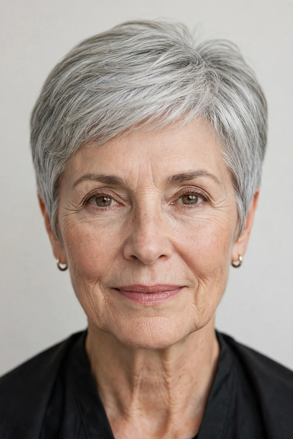 Elegant older woman with natural gray short cut, luminous silver texture, stunning light.