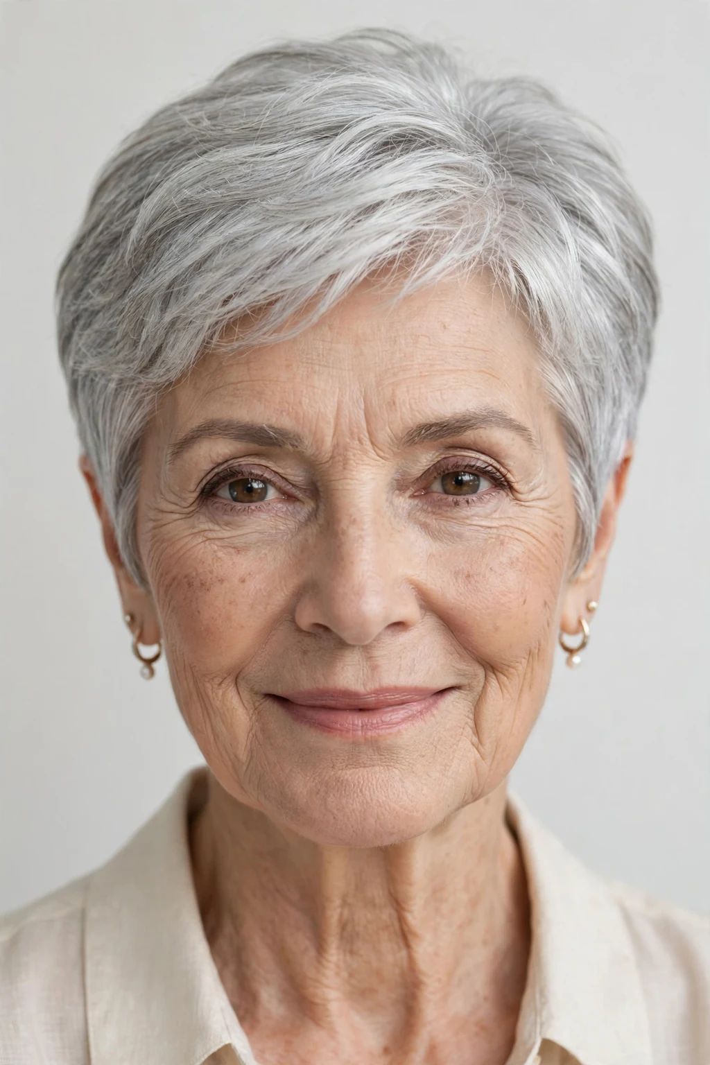 Elegant woman over 60 with natural gray short cut, luminous silver texture, stunning light.