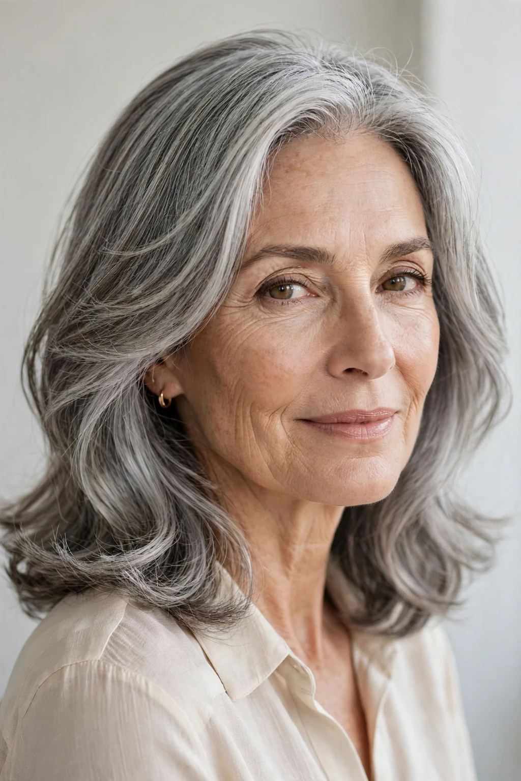 Elegant older woman with natural gray shoulder blend, luminous silver dimension, stunning light.