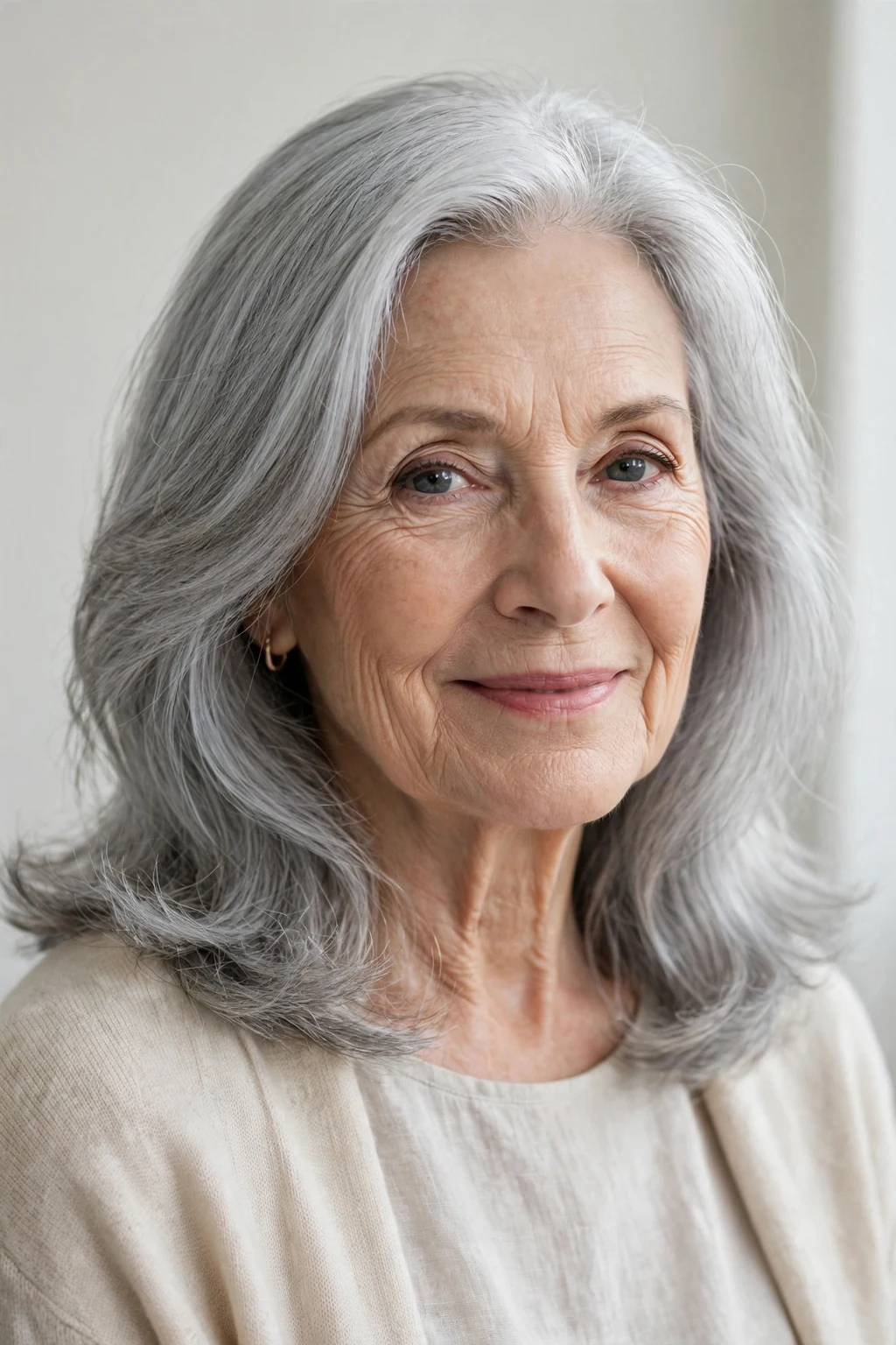 Elegant woman over 70 with natural gray shoulder-length hair, luminous silver flow, stunning light.