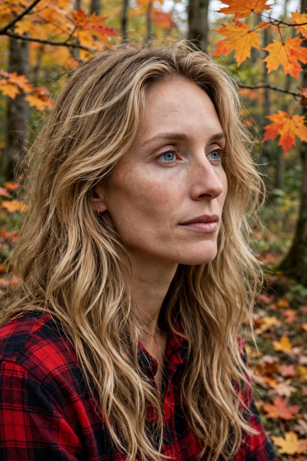 Young woman with a long natural wavy cut and swoopy face-framing layers.
