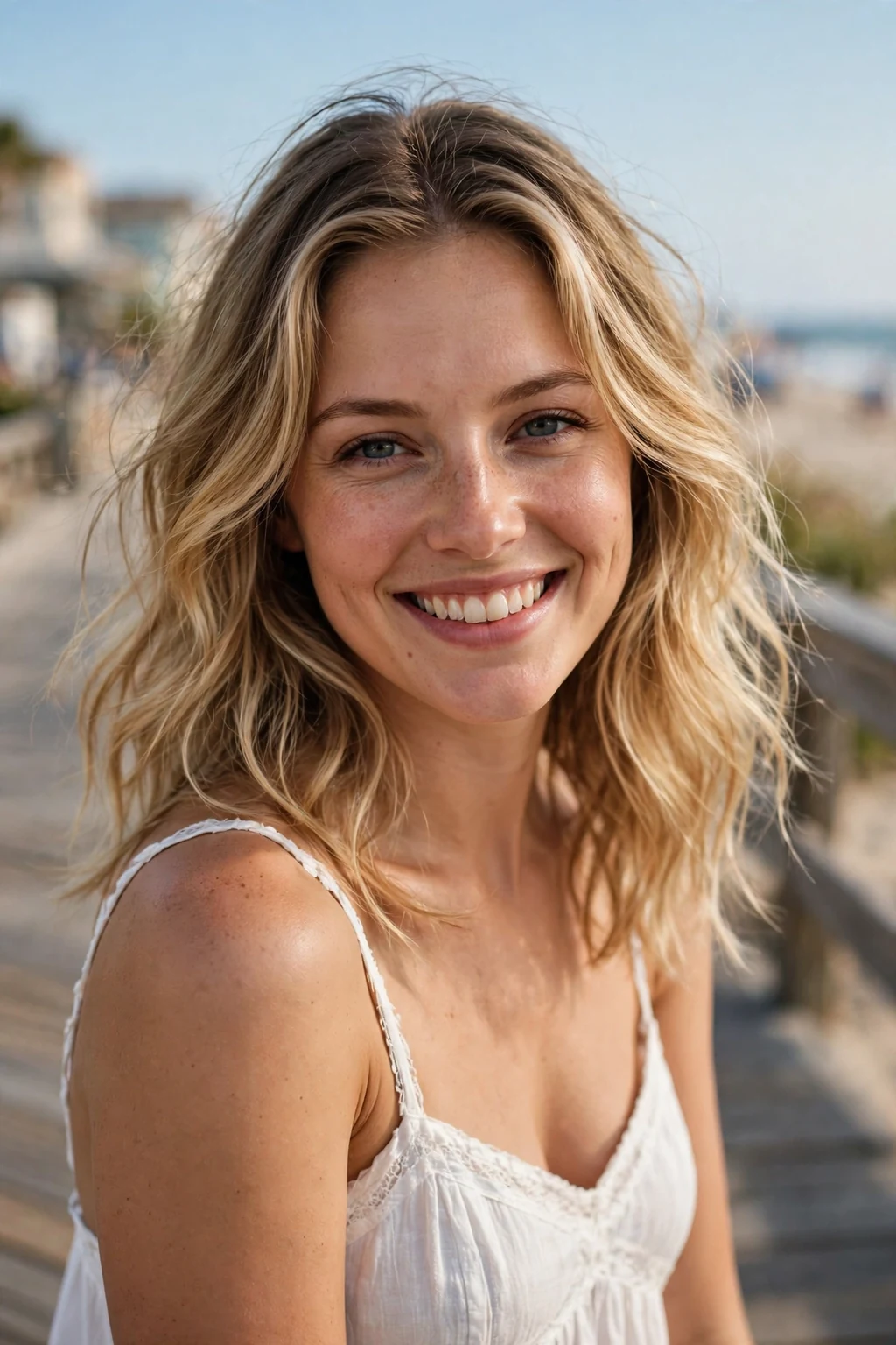 Beautiful woman with natural to sunkissed blonde transformation, subtle natural to sunkissed, bright light.