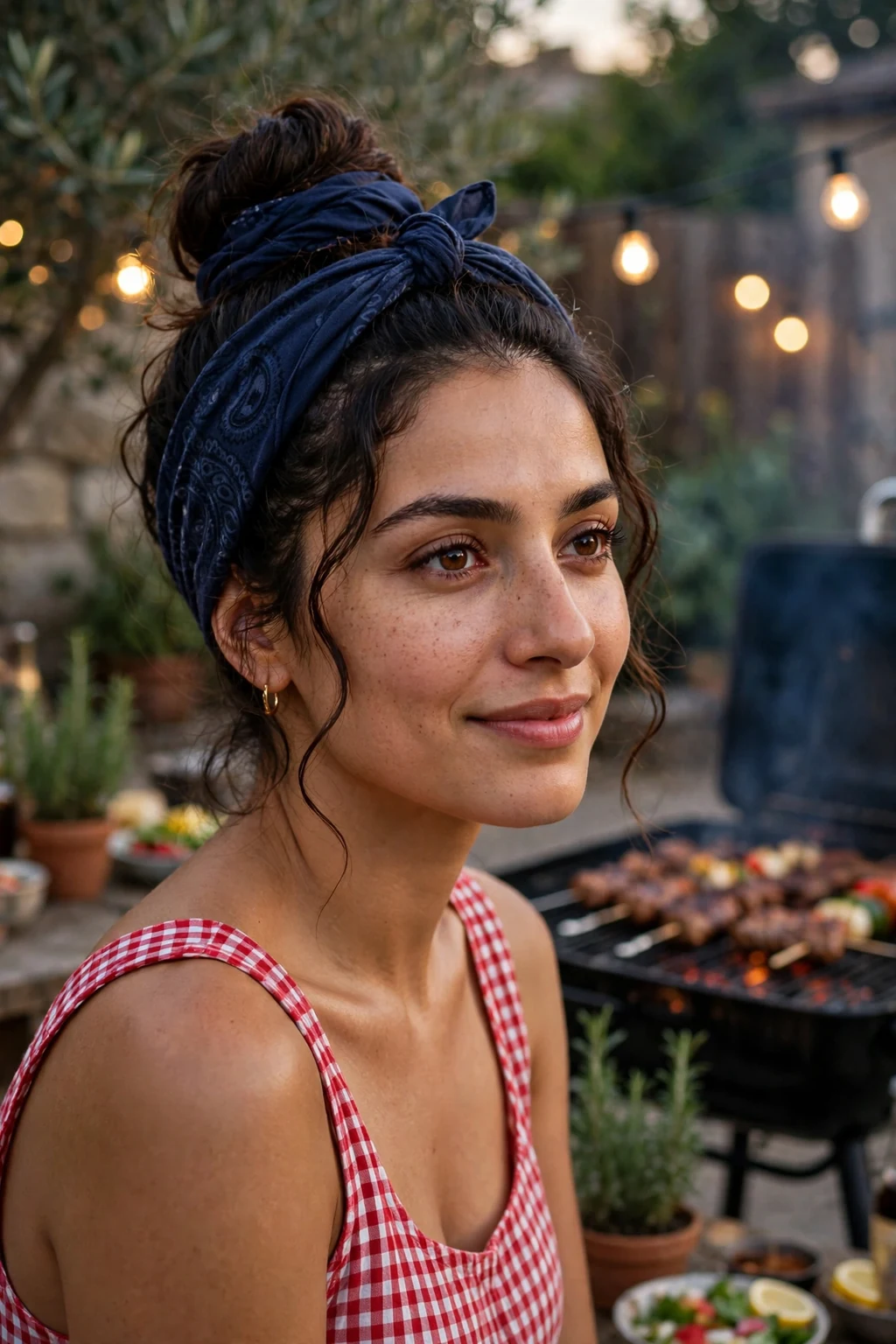 Young woman with a navy bandana top knot at a backyard barbecue.