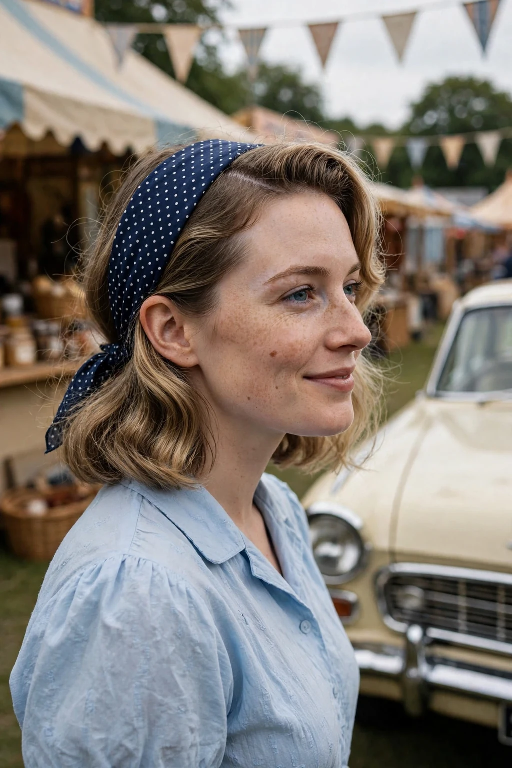 Young woman with navy polka-dot headscarf retro waves at a vintage summer fair.