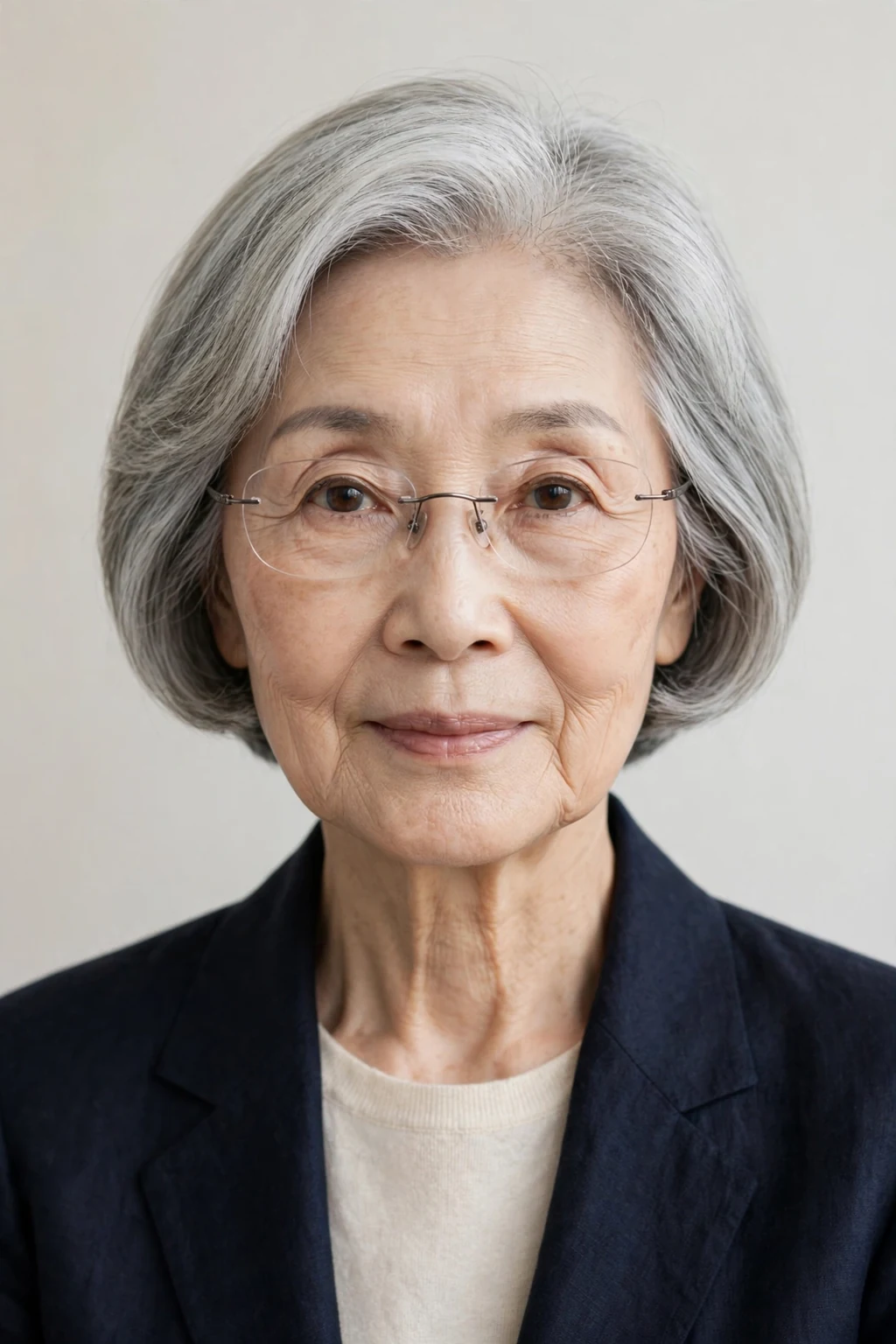 Elegant woman over 50 with fine hair and glasses and neat bob crop, refined minimalist cut, precise light.