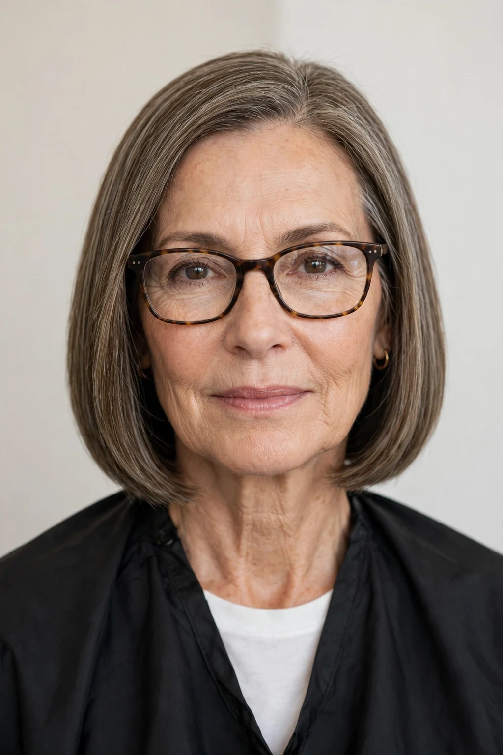 Elegant woman over 50 with glasses and neat collarbone cut, refined minimalist cut, precise light.
