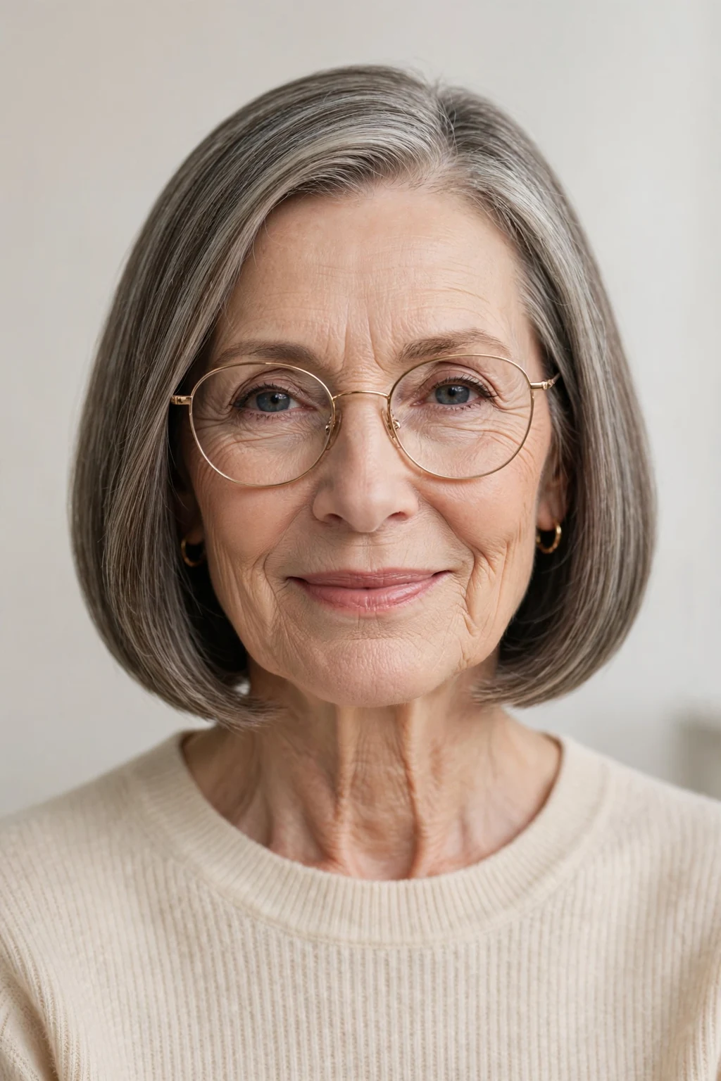 Elegant woman over 60 with glasses and neat collarbone cut, refined minimalist cut, precise light.