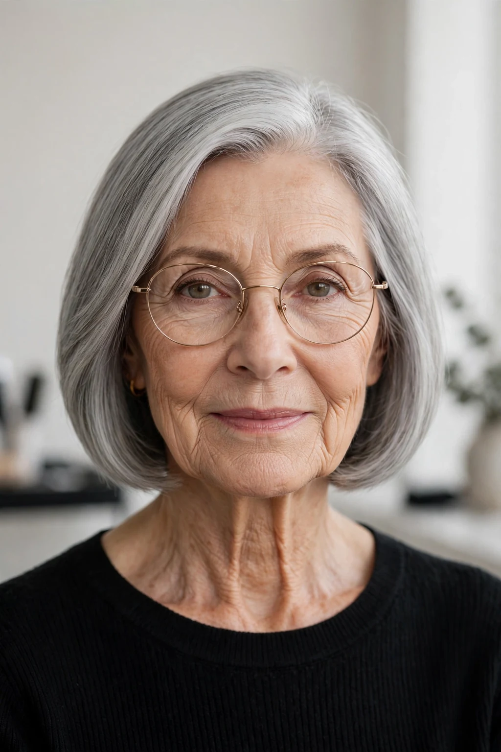 Elegant woman over 70 with glasses and neat collarbone cut, refined minimalist cut, precise light.