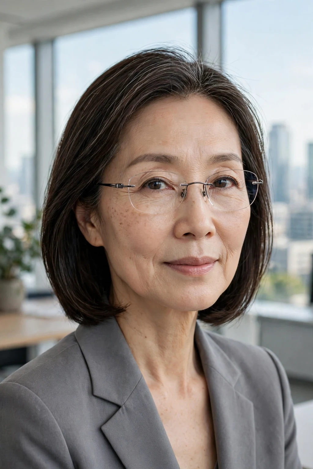 Elegant older woman over 50 with fine hair and glasses and neat collarbone cut, refined minimalist cut, precise light.